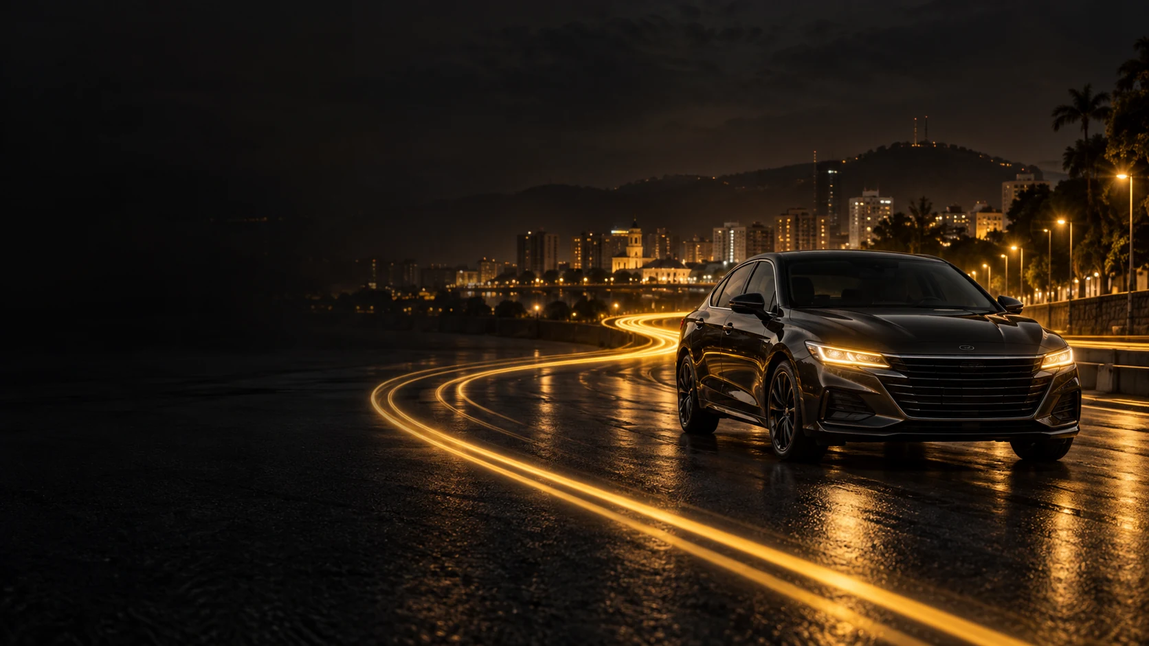 Cena ilustrativa de um carro preto em uma cidade à noite, com rastros de luz dourada