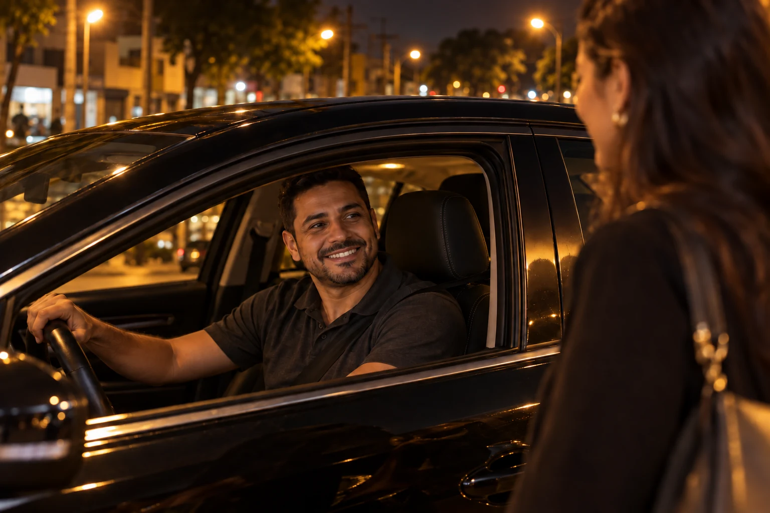 Cena ilustrativa de um motorista recebendo uma passageira em um carro parado